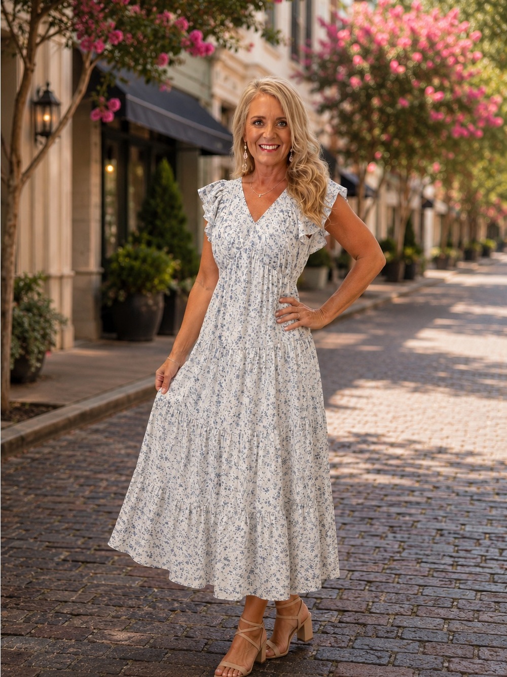 white birch White and Light Blue Floral Cottage Core Midi Dress Size Medium NWOT